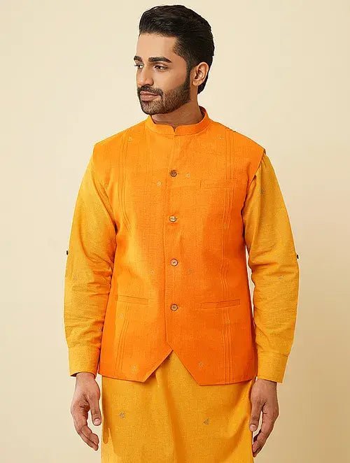 Yellow Kantha Cotton Nehru Jacket - Charkha TalesYellow Kantha Cotton Nehru Jacket
