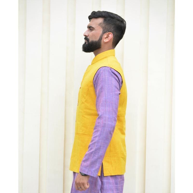 Yellow Men Khadi Nehru Jacket - Charkha TalesYellow Men Khadi Nehru Jacket