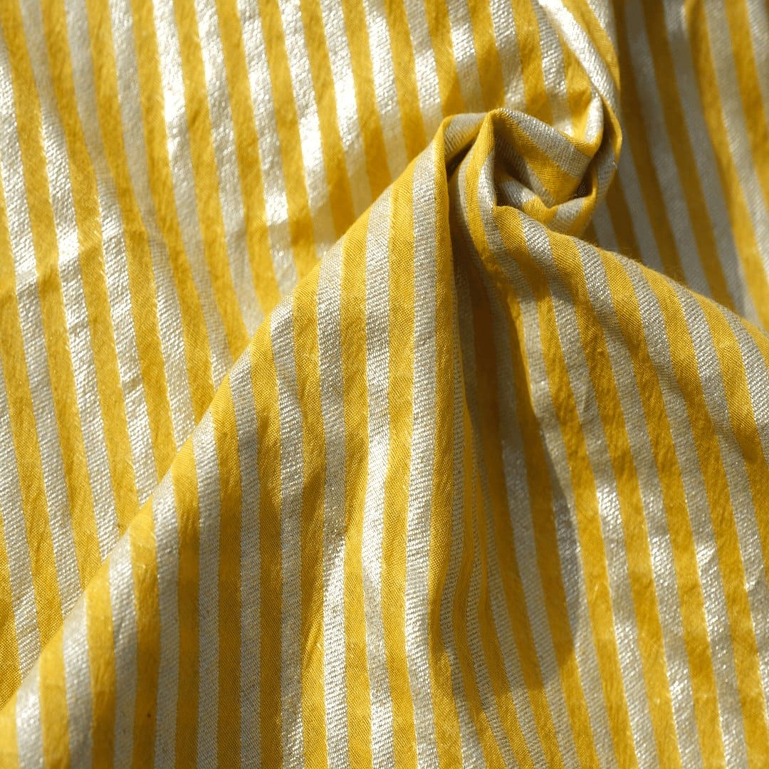 Yellow Silver Stripes Chanderi Fabric - Charkha TalesYellow Silver Stripes Chanderi Fabric