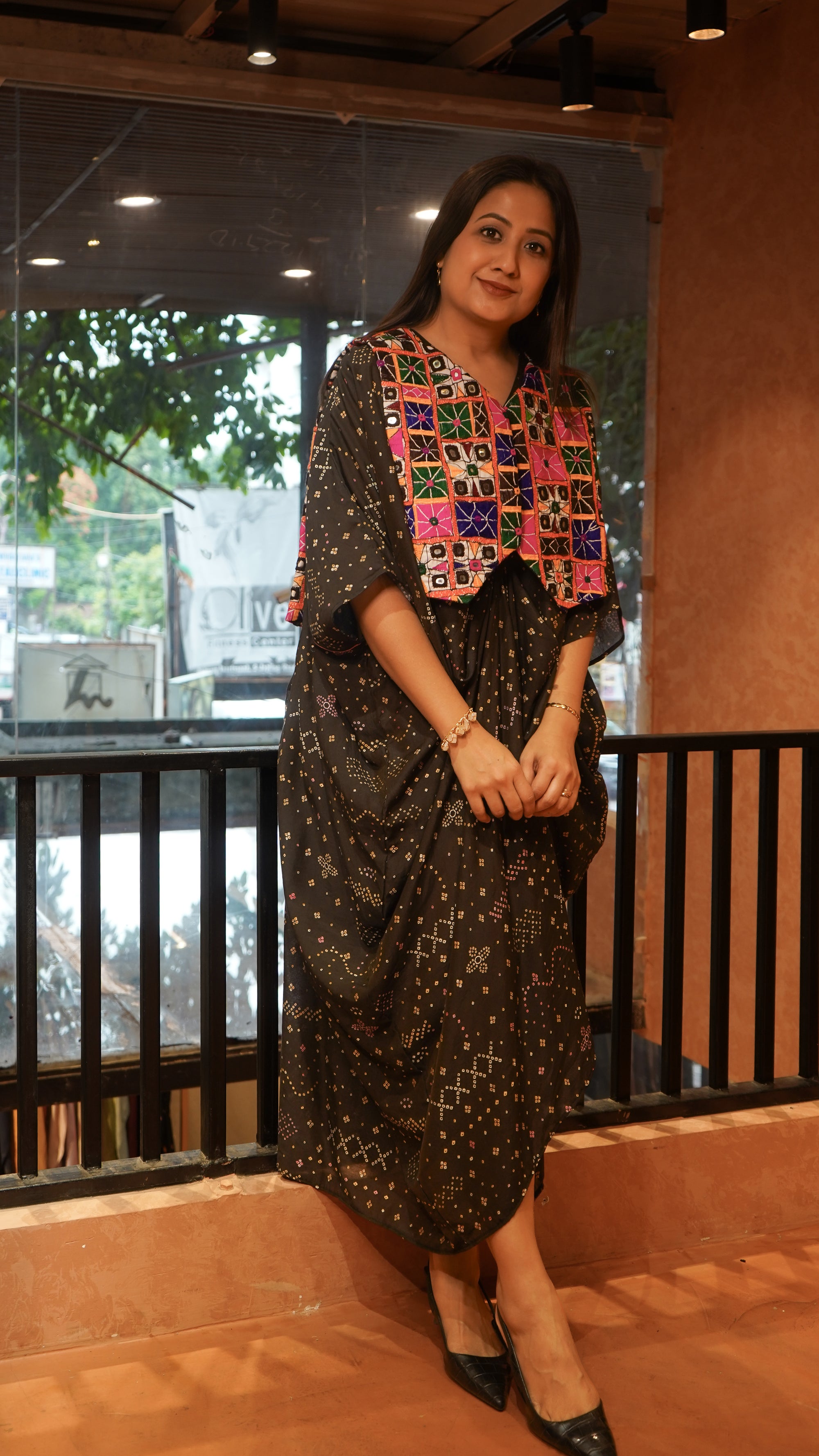 Parsi Work Bandhej Kaftaan - Black