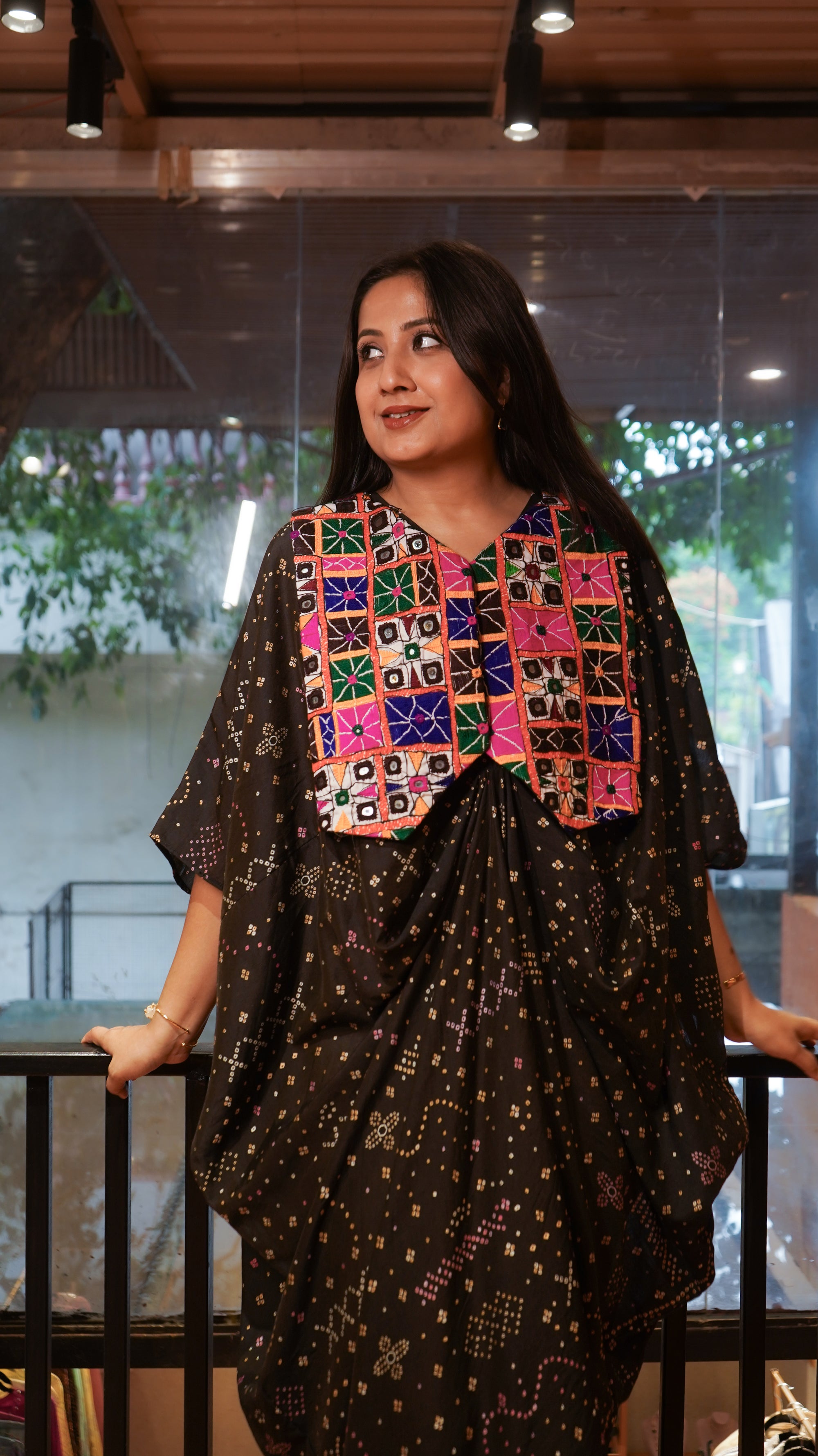 Parsi Work Bandhej Kaftaan - Black