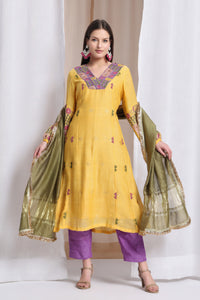 Women Zardozi Work kurta Set of 3 - Yellow