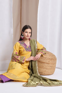 Women Zardozi Work kurta Set of 3 - Yellow