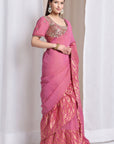 Zardozi Ruffle Saree - Pink