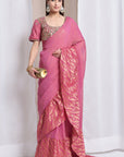 Zardozi Ruffle Saree - Pink