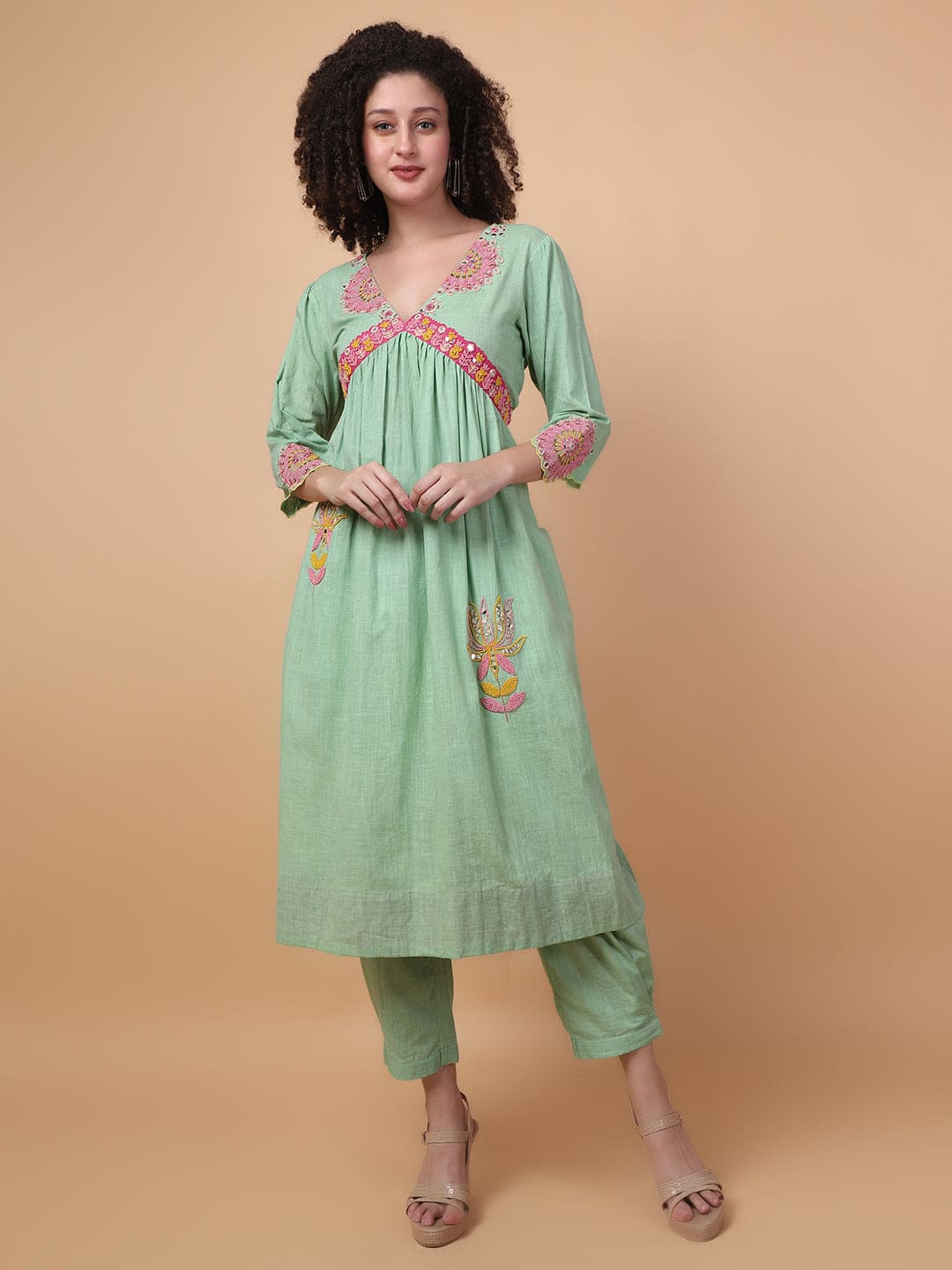 Green Mirror Work Kurta Set