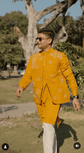 Kantha Cotton Men Kurta Set - Yellow