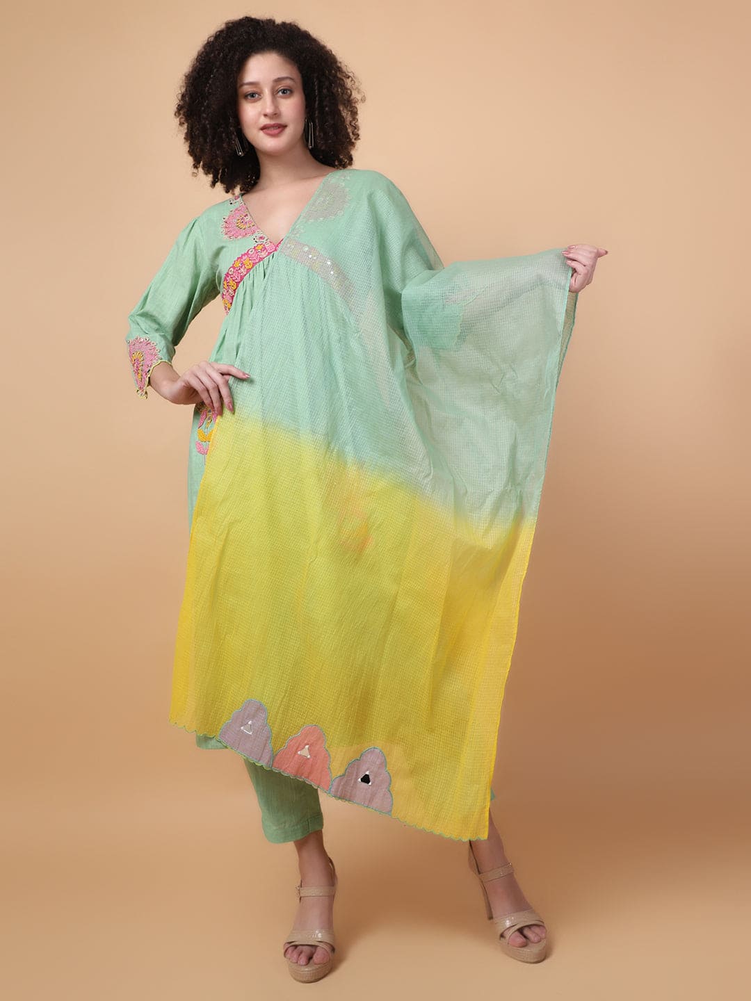 Green Mirror Work Kurta Set