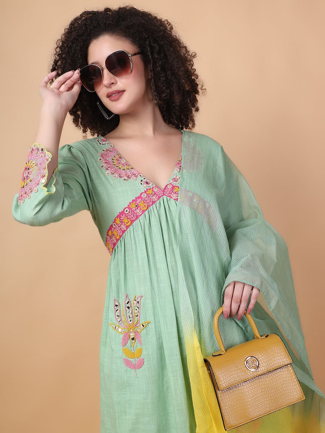 Green Mirror Work Kurta Set