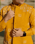 Yellow Kantha Cotton Men Kurta Set