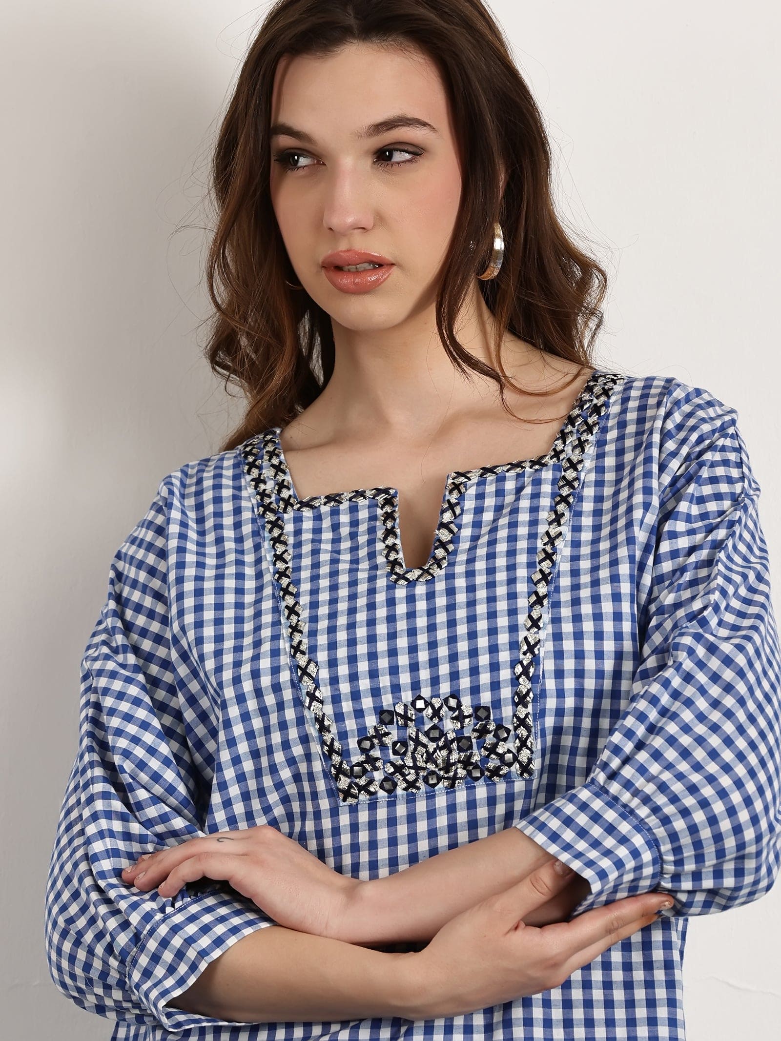 Women Gotta Work Checks Top Set  -  Blue