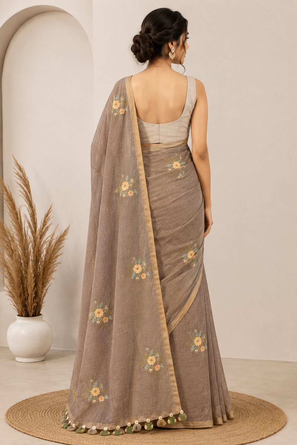 Grey Embroidered Chanderi Saree