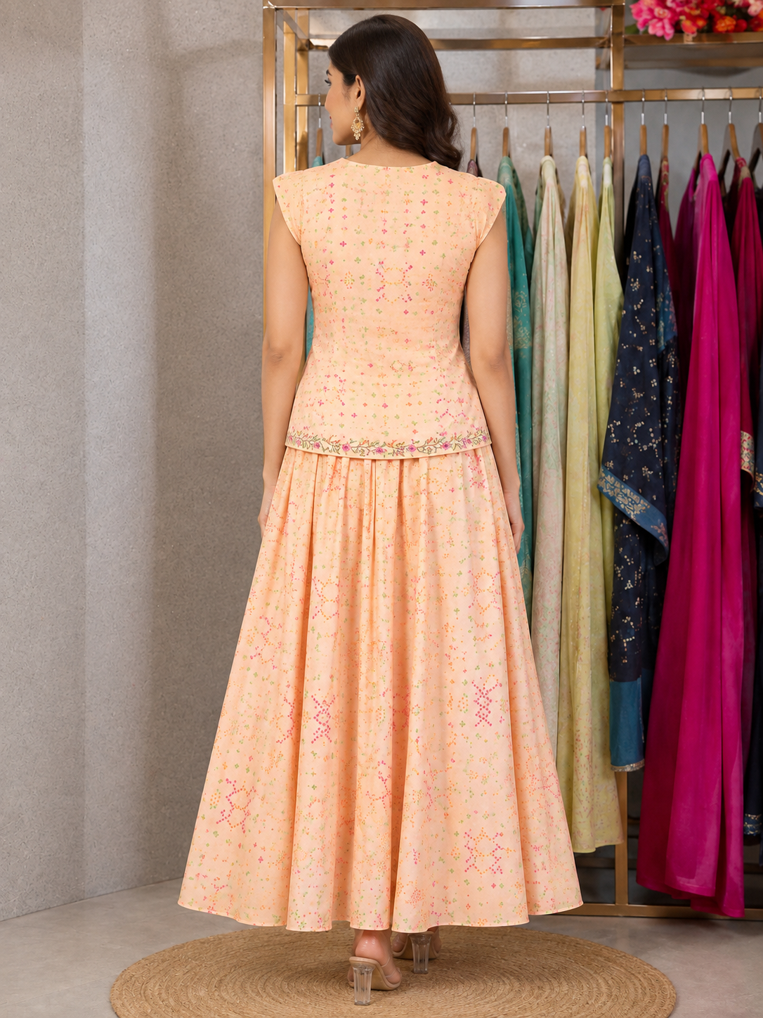 Peach Indian Inspired Print Top With Skirt