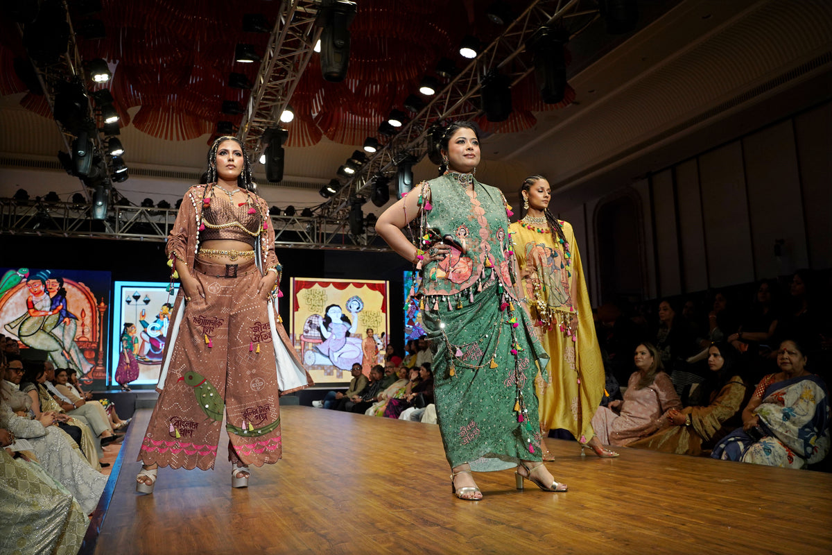 Green Crepe Kalighat Indian Print Top With Skirt