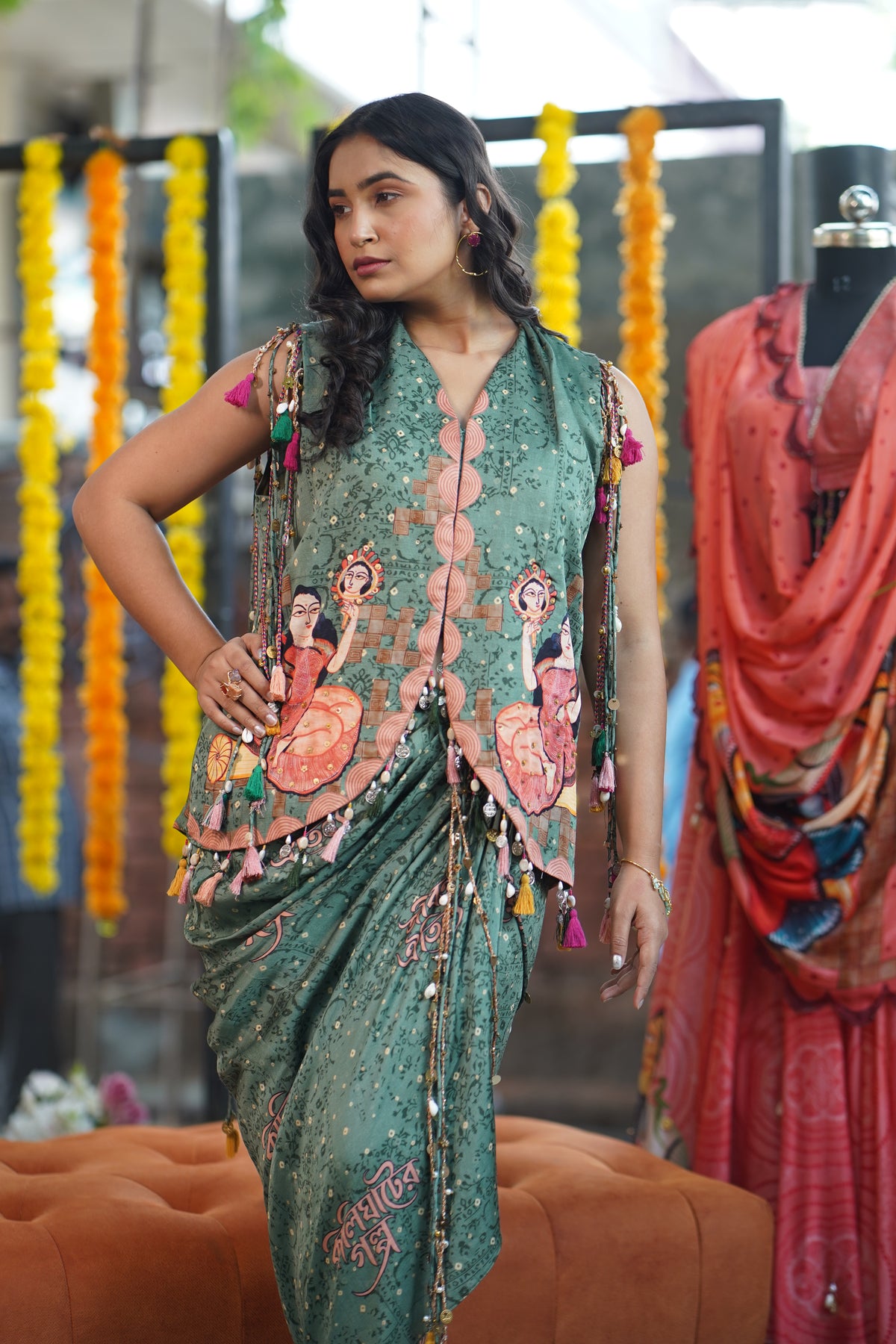 Green Crepe Kalighat Indian Print Top With Skirt