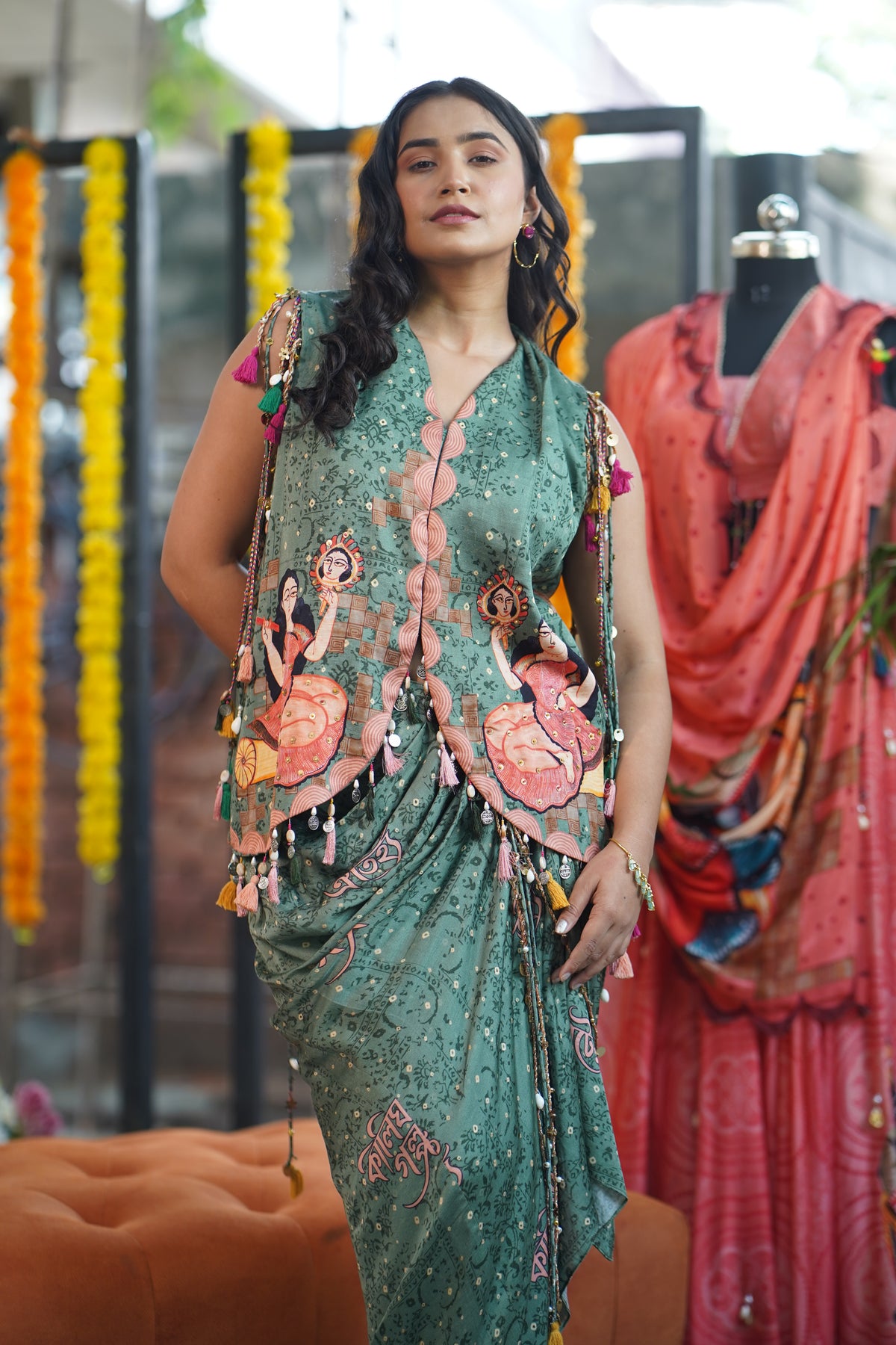 Green Crepe Kalighat Indian Print Top With Skirt