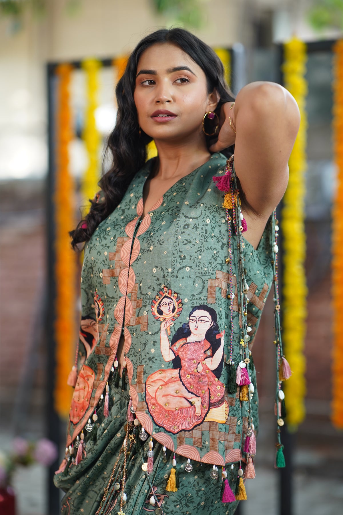 Green Crepe Kalighat Indian Print Top With Skirt
