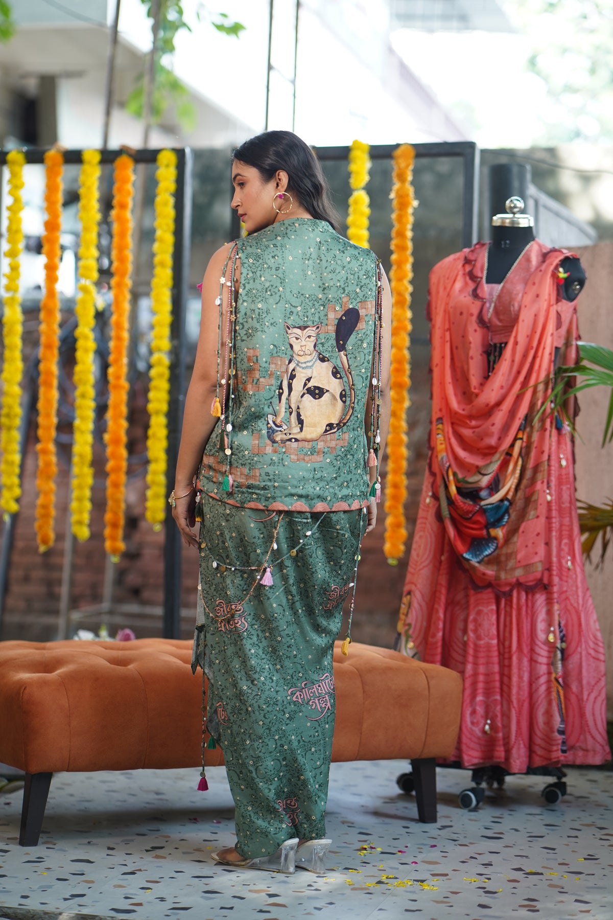 Green Crepe Kalighat Indian Print Top With Skirt