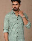 Turquoise  Hand Block Cotton Men Shirt