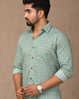 Turquoise  Hand Block Cotton Men Shirt