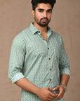 Turquoise  Hand Block Cotton Men Shirt