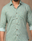 Turquoise  Hand Block Cotton Men Shirt