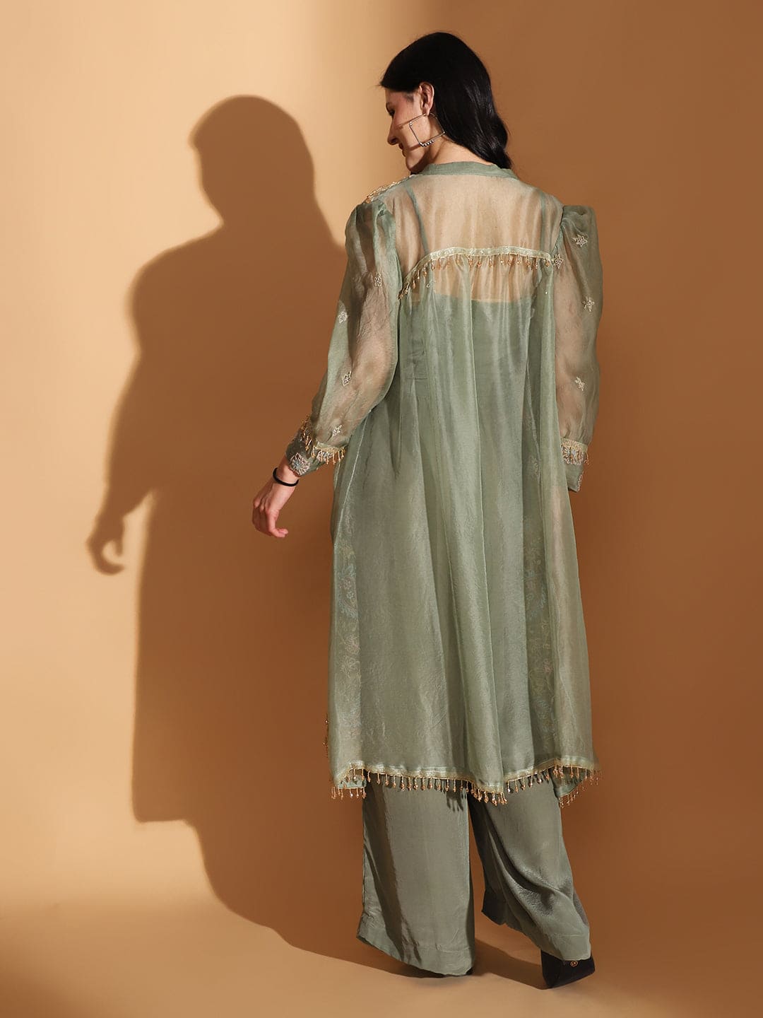 Dusty Green Embroidered Co-ord set with Long Shrug