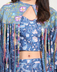 Blue Embroidered Mirror Work Crop Top With Overley Jacket