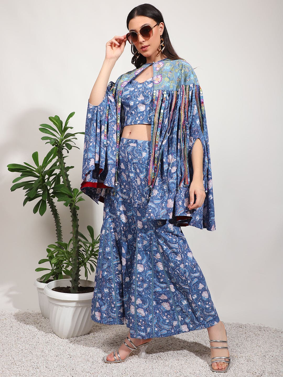 Blue Embroidered Mirror Work Crop Top With Overley Jacket