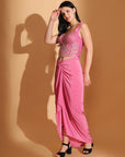 Pink Embroidered Long Cape with Drape Skirt & Corset Top
