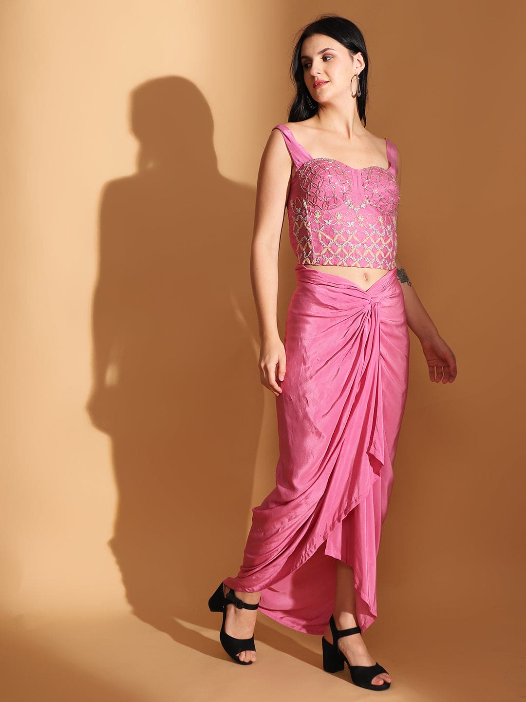 Pink Embroidered Long Cape with Drape Skirt &amp; Corset Top