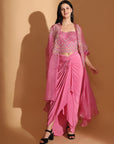 Pink Embroidered Long Cape with Drape Skirt & Corset Top