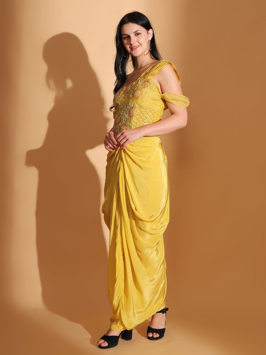 Yellow Off-Shoulder Corset Top and Cowl Drape Skirt