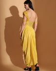 Yellow Off-Shoulder Corset Top and Cowl Drape Skirt
