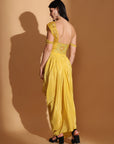 Yellow Off-Shoulder Corset Top & Cowl Drape Skirt