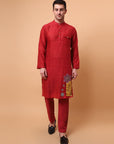 Aari Zardozi & Patch Work Men Kurta Set  - Red