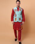 Aari Zardozi & Patch Work Men Kurta Set  - Red