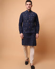 Kantha Work Men Kurta Set - Navy Blue