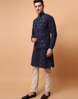 Kantha Work Men Kurta Set - Navy Blue