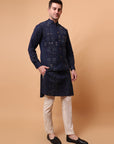 Kantha Work Men Kurta Set - Navy Blue