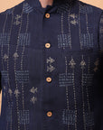 Kantha Work Men Kurta Set - Navy Blue