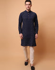 Kantha Work Men Kurta Set - Navy Blue