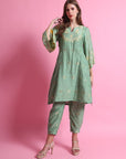 Chanderi Flower Kurta set - Green