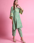 Chanderi Flower Kurta set - Green