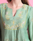 Chanderi Flower Kurta set - Green