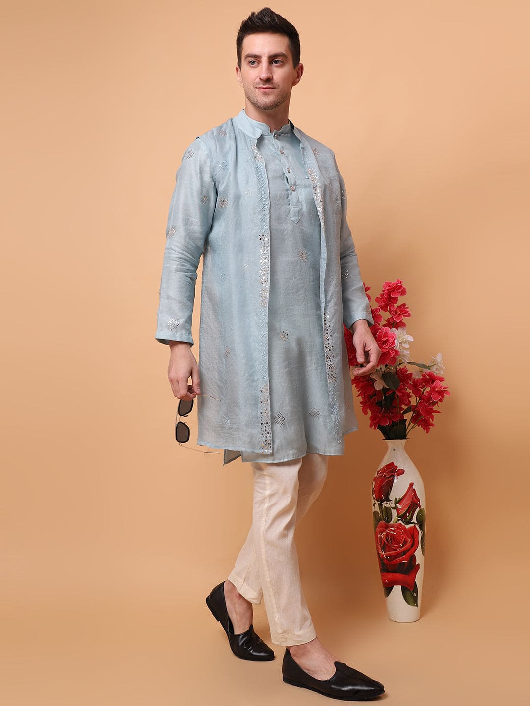 Muqaish Work Men Kurta Set  -Sky Blue