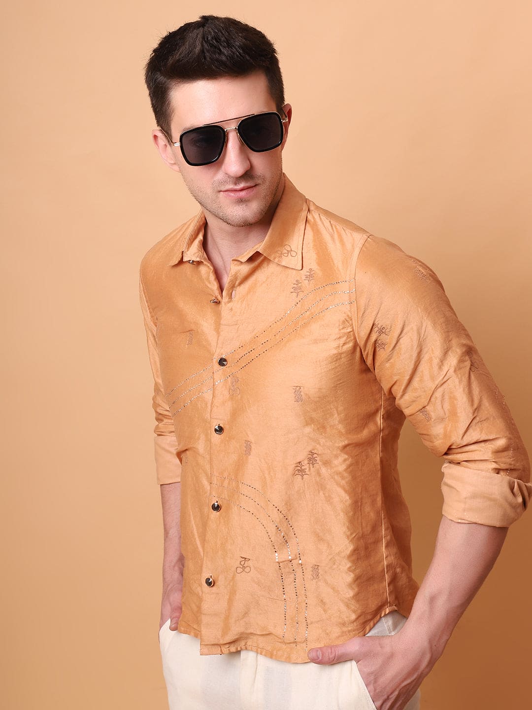 Muqaish Work Men Shirt  -Beige