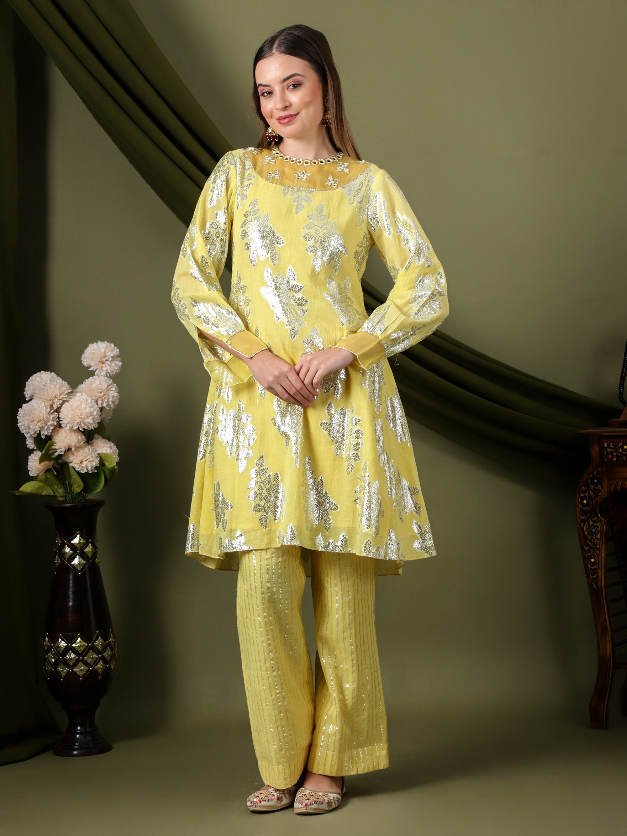 Women Lurex Mirror Work Kurta Set  - Yellow