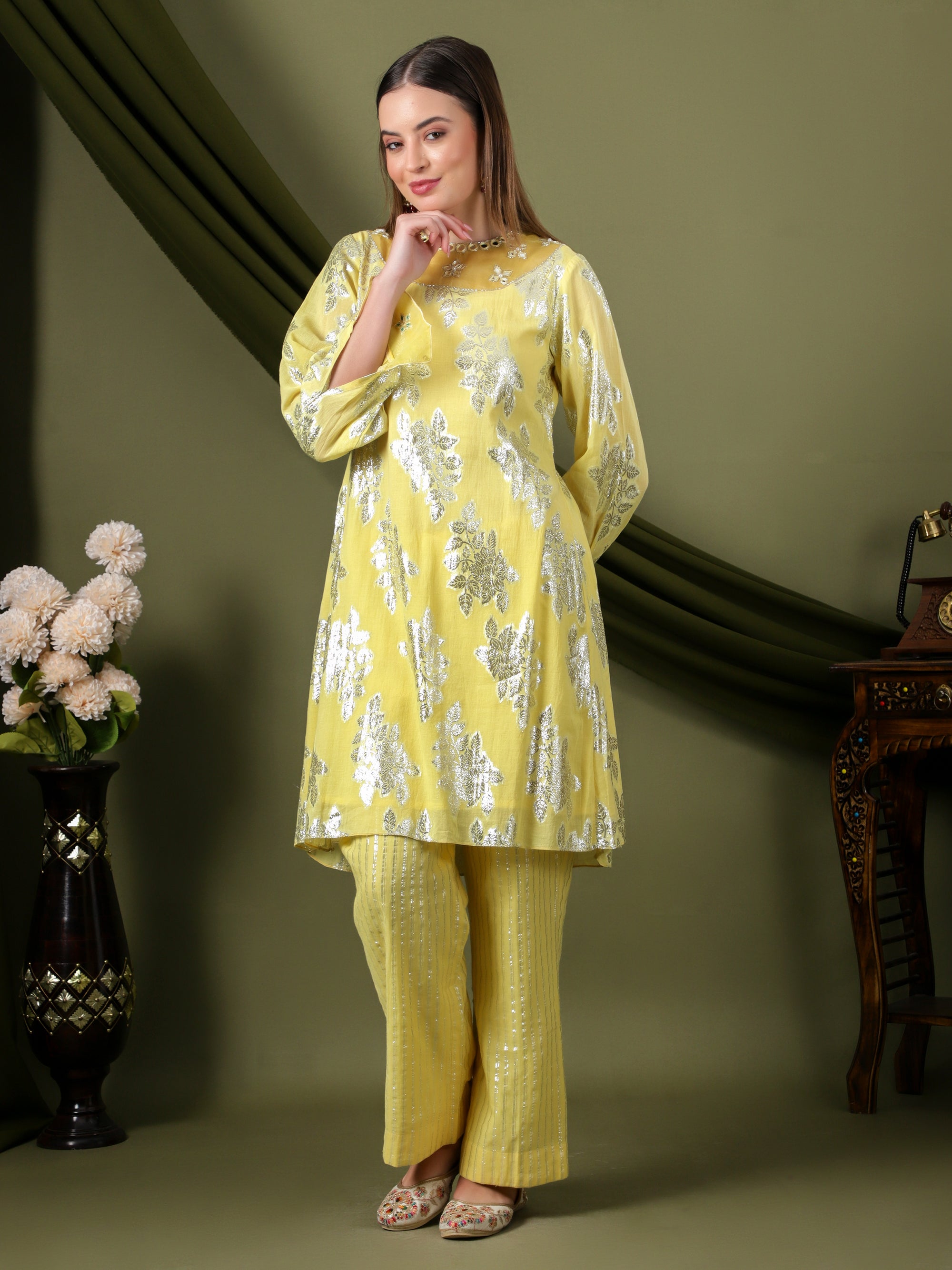 Women Lurex Mirror Work Kurta Set  - Yellow