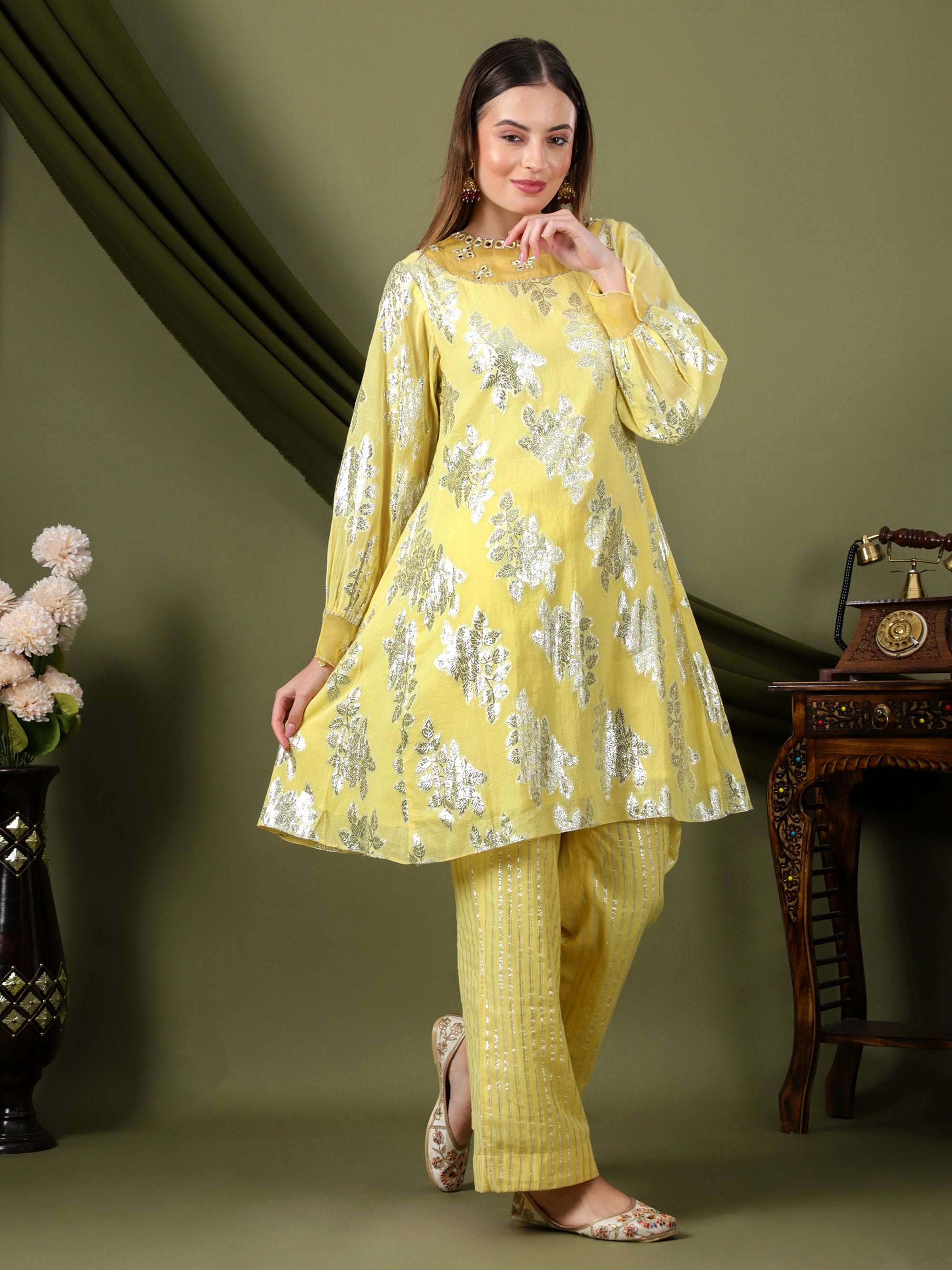 Women Lurex Mirror Work Kurta Set  - Yellow